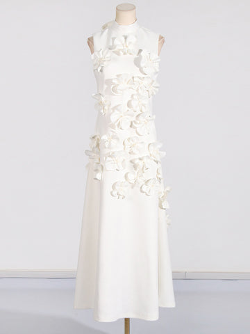 Woochic robe longue fleur tridimensionnelle sans manches à col montant couture trapèze blanc S